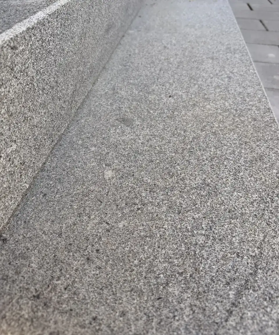 Nahaufnahme der Trittfläche einer Granitstufe mit hellen und dunklen Mineralkörnern