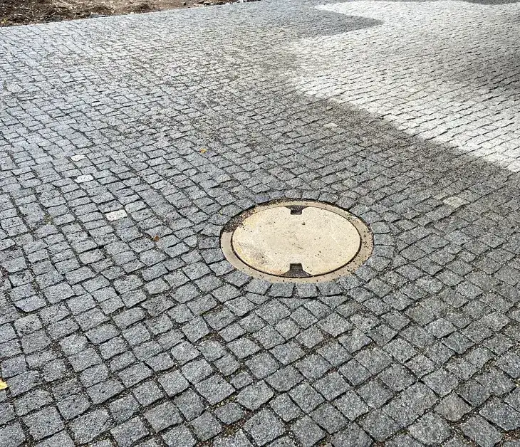 Fläche aus grauem Granit-Kleinpflaster mit Schachtdeckel